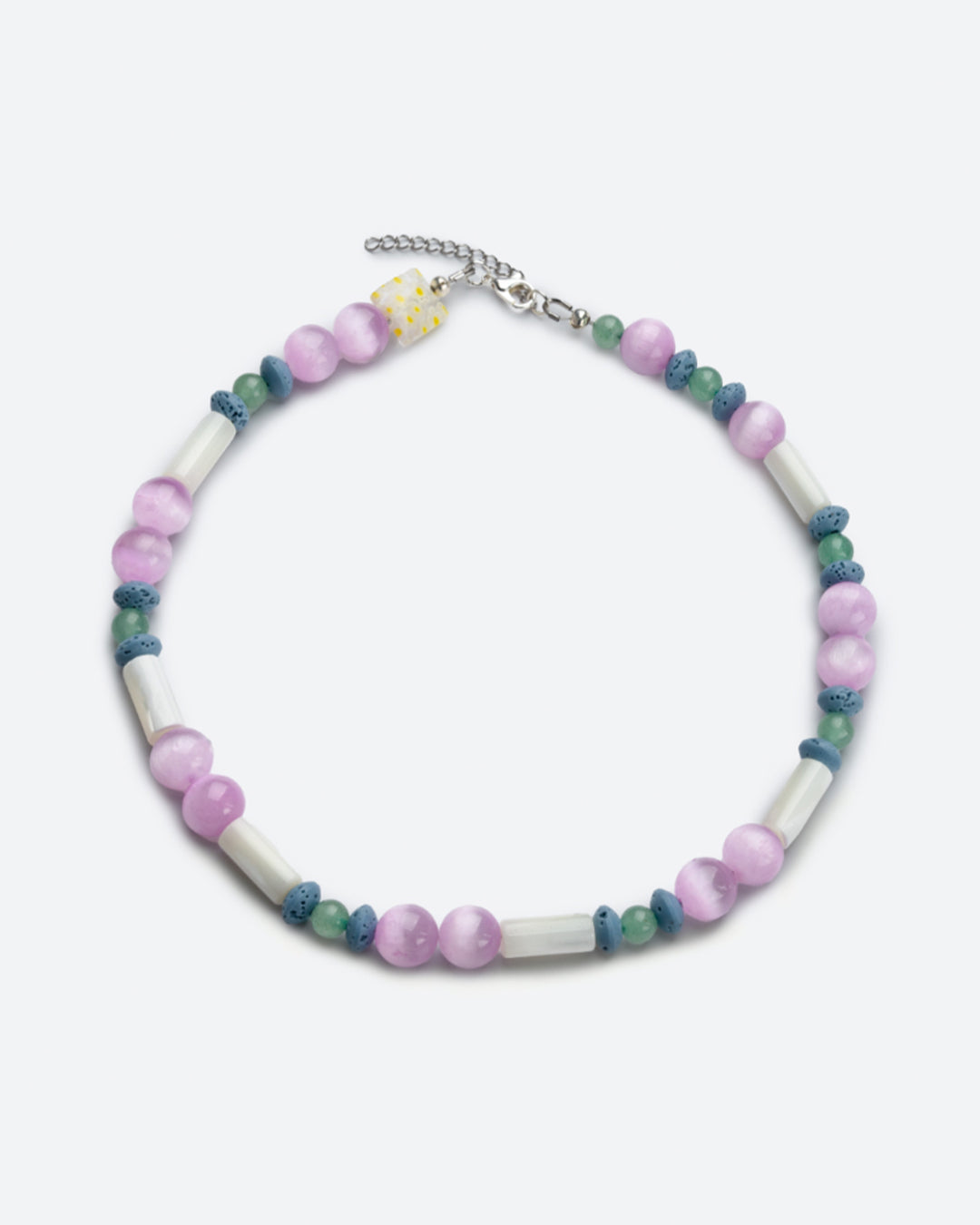 Necklace with soft multicolored beads on a white background